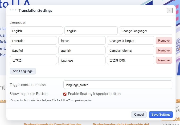 Apricot Translate settings window showing switcher options