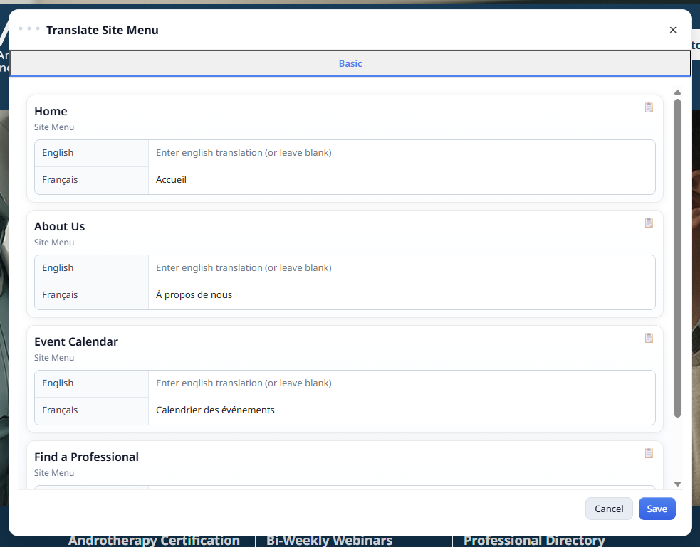 Apricot Translate site menu translation interface